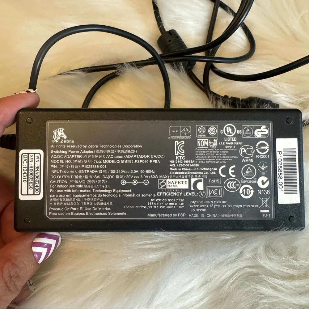 Zebra FSP060-RPBA AC Adapter 20V 3A 60W Power Supply P1028888-001 No Power Cord